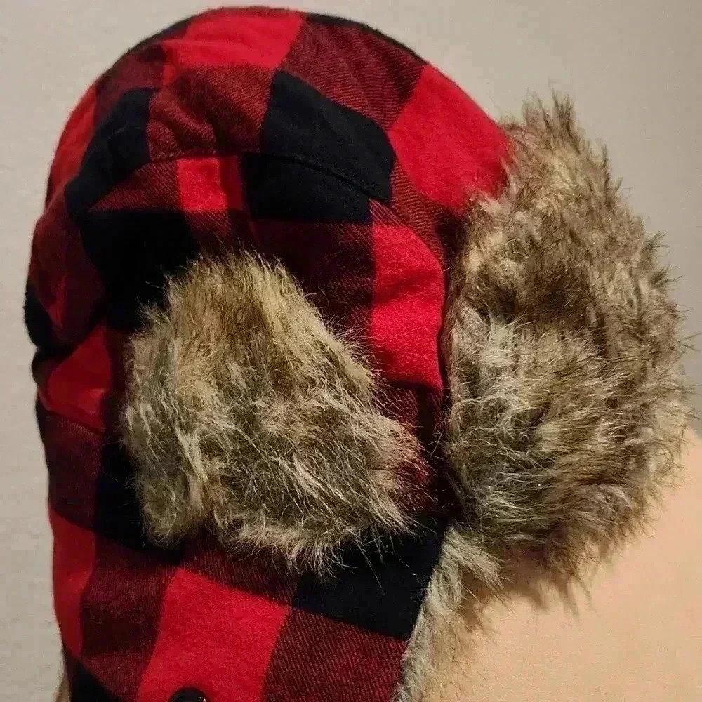 Urban Pipeline Buffalo Plaid Hat Faux Fur lLned Snap Chin Strap